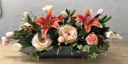 Faux Coral Tone Centerpiece In Galvanized  from your Sebring, Florida florist